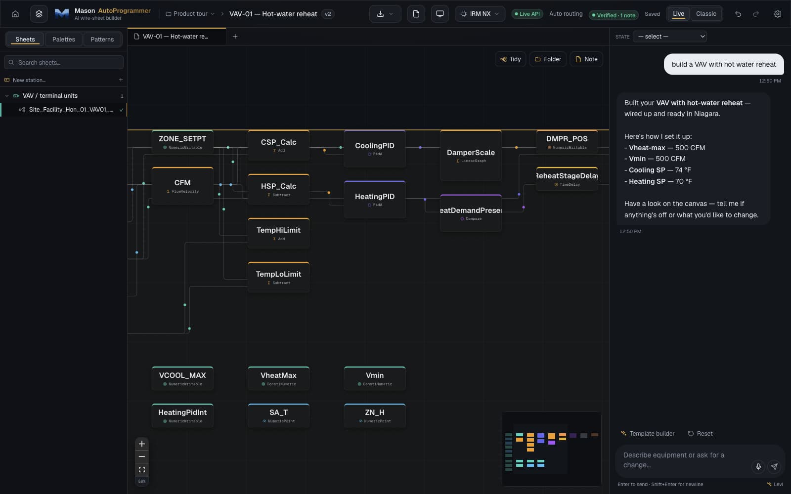 The Mason AutoProgrammer editor showing a VAV reheat program, its sheet library, canvas, and conversation